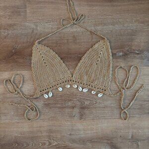 BNWOT - XL Beige Crochet Bikini Top with Cowrie Shell Detail